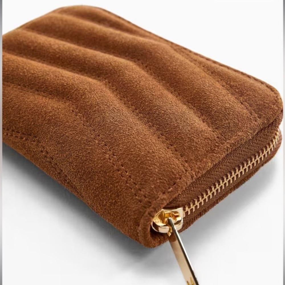 New Mango Leather Quilted Zip Around Suede Brown Wallet with Original Box
